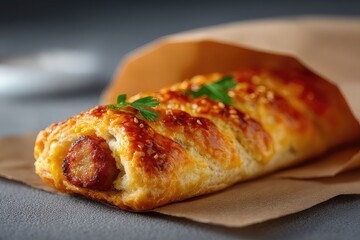 Sausage roll wrapped in paper bag