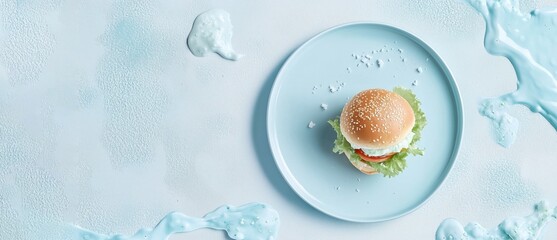 Minimal burger with lettuce and tomato on a blue ceramic plate over textured background with splashes. Modern food styling, perfect for ads, menus, or social media content..