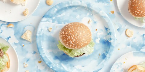 Minimal burger with lettuce and tomato on a blue ceramic plate over textured background with splashes. Modern food styling, perfect for ads, menus, or social media content..