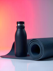 Grey exercise mat black bottle