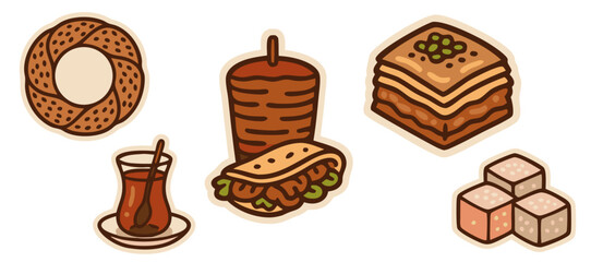 Turkish Food Vector Stickers – Simit, Kebab, Tea, Baklava and Turkish Delight – Transparent Background

