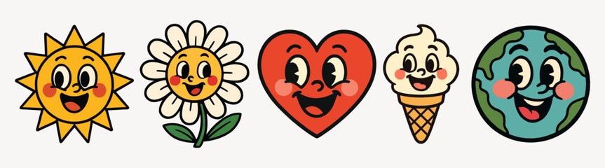Naklejka premium Cute cartoon faces on ice cream, sun, heart, and earth, smiling sun, heart, and earth, playful ice cream and flowers vector set element, isolated on white.