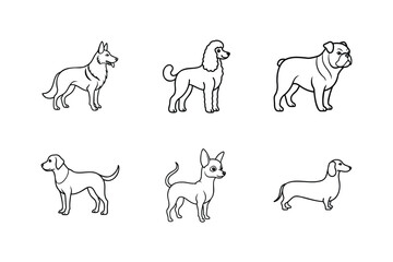 Varied Domestic Animal Breeds and Dogs Presented in a Simple Outline Cartoon Style