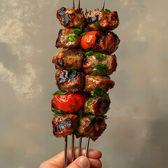 Grilled meat skewers with colorful vegetables are held by hand, showcasing delicious and appetizing dish. vibrant colors and charred texture evoke sense of summer barbecues and outdoor gatherings