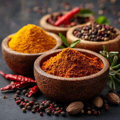 Richly colored spices in wooden bowls create vibrant and inviting display, showcasing variety of textures and hues. warm tones evoke sense of warmth and flavor, perfect for culinary inspiration