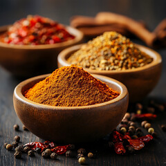 Rich and vibrant bowls of spices showcase variety of colors and textures, creating visually appealing display that enhances culinary creativity and flavor