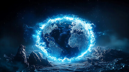 Stunning rendering of frozen Earth surrounded by glowing blue energy, showcasing mystical atmosphere and dramatic lighting. scene evokes sense of wonder and beauty