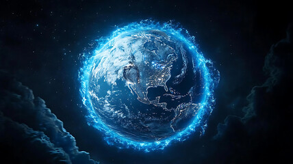Stunning rendering of frozen Earth surrounded by glowing blue energy, showcasing captivating view of planet from space. vibrant colors and intricate details evoke sense of wonder and beauty