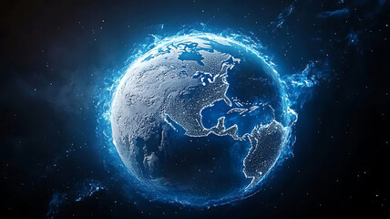 Stunning rendering of frozen Earth surrounded by glowing blue energy, showcasing continents and oceans in captivating cosmic scene. vibrant colors evoke sense of wonder and exploration
