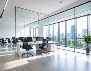 Modern office interior with minimalist design, clean workspace, natural lighting, professional environment, corporate setting