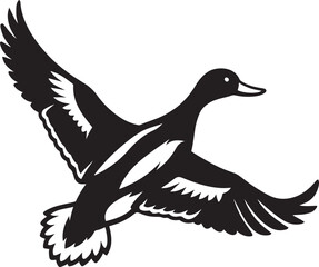 Soaring duck black and white silhouette, Flying duck bold bird illustration