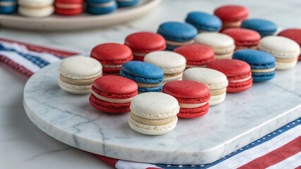 An eye-level view of delicious, colorful macarons arranged on a marble surface.