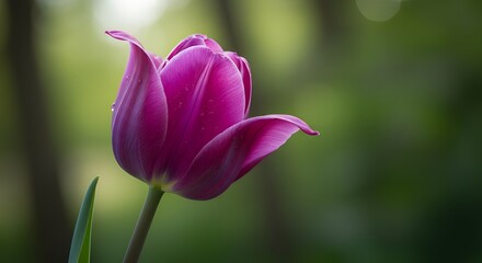 Fototapeta premium Purple Tulip Flower Macro with Soft Green Bokeh Background | Floral Close Up for Springtime Nature Photography and Botanical Marketing
