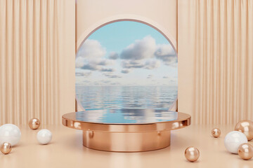 3d render of product display stage with golden accents and ocean view background