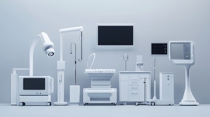White medical equipment arranged in a sterile room.
