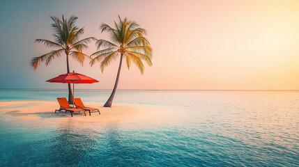 Relaxation under the sunset on a tropical beach with palm trees