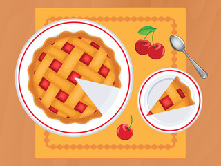 Lattice cherry pie on a plate top view vector illustration. Round sweet pie and fresh cherries on a wooden table above view vector. Sliced cherry pie on the table drawing
