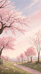 Obraz premium Serene watercolor painting of a pathway amidst blooming pink cherry blossom trees
