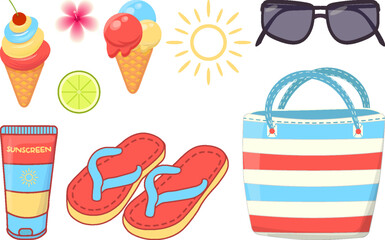 Summer beach clipart set with colorful vacation elements like ice cream, flip-flops, sunglasses, sunscreen, beach bag, and sun icons Fun style isolated on white isolated transparent back