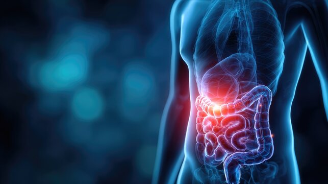 Anatomical Overview: Artistic digital artwork illustrating the human body's digestive system, where health meets intricate anatomy in a visually compelling scene.