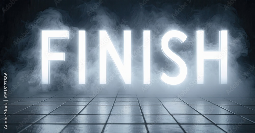 Poster bright neon word finish glows above tiled floor. smoke fills background creating dramatic effect. mi
