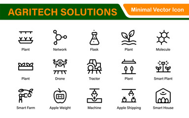 Modern Agritech and Smart Farming Icons – Clean Outline, Line Art, Vector Illustrations for Farm Technology, Automation, and Sustainable Agriculture Projects