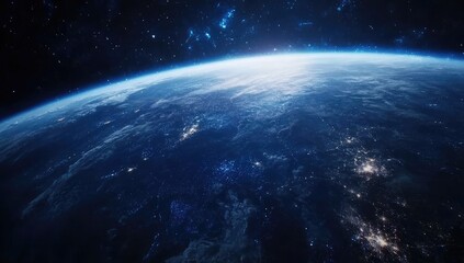 Earth from Space, a breathtaking view of our planet bathed in starlight.  Vast expanse of continents and oceans, illuminated by city lights, framed by the infinite darkness of space