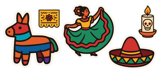 Mexican Culture Vector Stickers – Piñata, Folkloric Dancer, Papel Picado, Sombrero and Candle – Transparent Background
