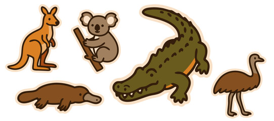 Fototapeta premium Australian Wildlife Vector Stickers – Kangaroo, Koala, Crocodile, Platypus and Emu – Transparent Background 