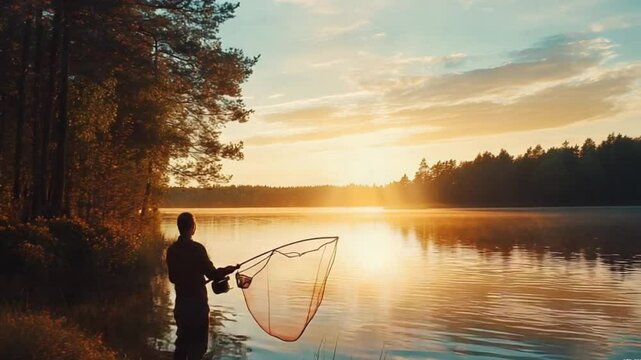 silhouette of a man fishing in the lake