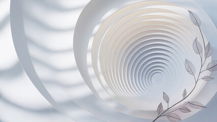 Abstract white layered paper art with subtle leaf embellishment and shadows creating depth