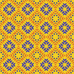 Geometric Seamless Pattern with Blue Flower and Warm Accents