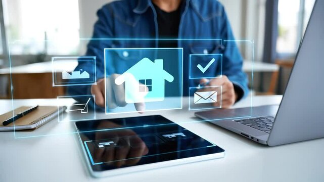 Searching and buying a house online with a real estate agent app. Property technology (PropTech) and digital mortgage loan concept. 4K video animation.