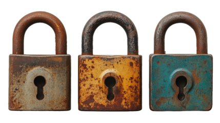 Three aged padlocks with varied patinas arranged in a straight line on transparent background