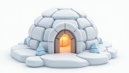 Stylized 3D render of an Igloo, surrounded by snowdrifts and tiny blue trees