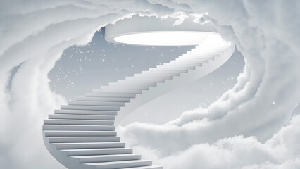 Ascending staircase leading to heaven through clouds with a bright circular opening above