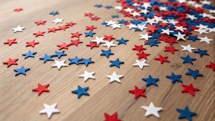 A collection of red, white, and blue stars on a wooden surface for american festivities.