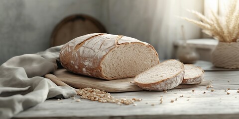 Rustic sliced artisan bread with a crisp crust and fluffy interior, placed on linen cloth over vintage wooden background. Ideal for bakery promotions and food blogs..