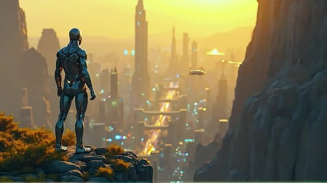 Robot overlooking futuristic city at sunset