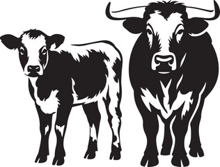 Calf and bull vector illustration pair, Farm animal duo black white drawing