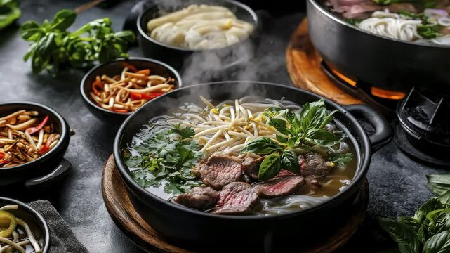 A steaming bowl of beef pho noodle soup topped with fresh herbs, bean sprouts, and vegetables, surrounded by side dishes and garnishes.