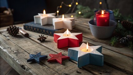 Elegant arrangement of star-shaped candles creating a warm and cozy atmosphere for the holidays.
