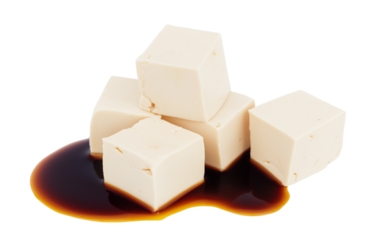 Tofu cubes with soy sauce isolated on white background