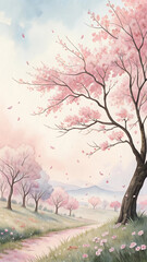 Fototapeta premium Watercolor painting of a serene landscape featuring blooming cherry blossom trees in springtime.