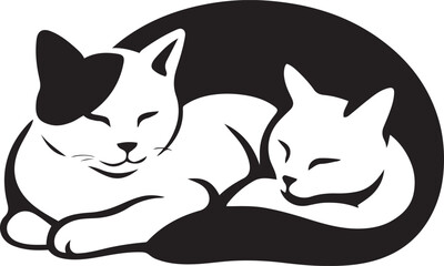 Snuggling sleepy cats silhouette illustration, Cute cuddling cats black and white art