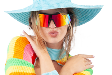 Woman embracing herself, wearing rainbow LGBT pride sunglasses, sun hat and colorful clothes. Blowing a kiss toward the camera. Symbol of love, diversity and equal rights. Isolated on white background