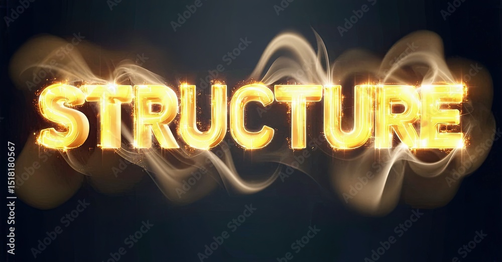 Poster golden text spells structure with fiery effects. dark background enhances bright, glowing lettering.