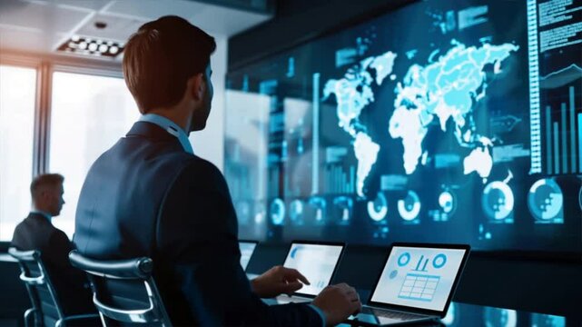 A professional analyzing digital data on screens in a modern office environment, representing technology and innovation.