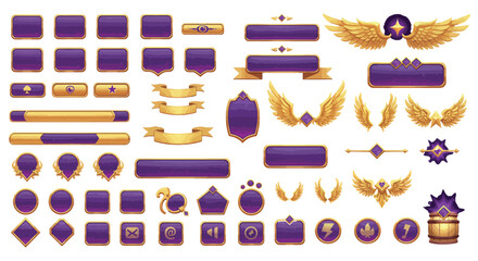 Purple and gold game user interface elements with winged designs for fantasy adventure themes