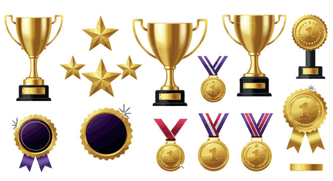 Gold trophy awards and medals set for winners and achievements design